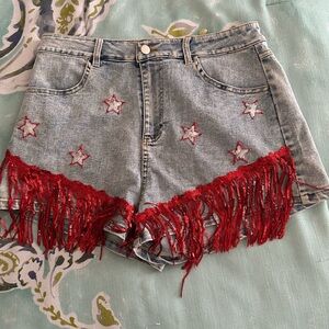 Denim Star Fringe Shorts